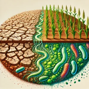 Ilustración artística que muestra cómo Bacillus transforma un suelo degradado en un ecosistema fértil de la agricultura moderna, con una transición de tierra árida a cultivos saludables