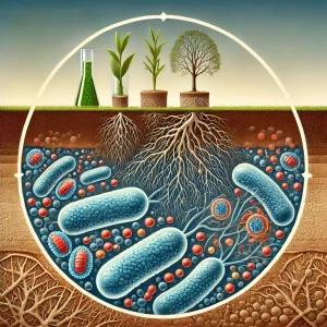 Ilustración científica de Bacillus descomponiendo materia orgánica y liberando nutrientes como fósforo y nitrógeno, con un fondo de raíces en un suelo saludable de la agricultura moderna