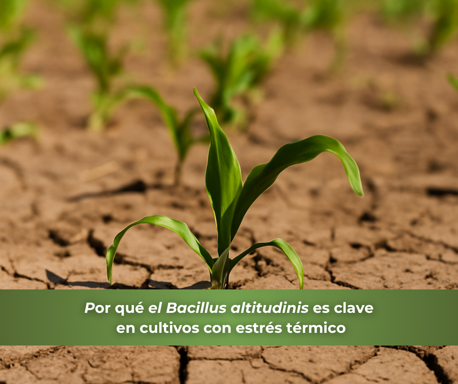 Planta joven creciendo en suelo agrietado por sequía; símbolo de la resistencia de los cultivos tratados con Bacillus altitudinis frente al estrés térmico.