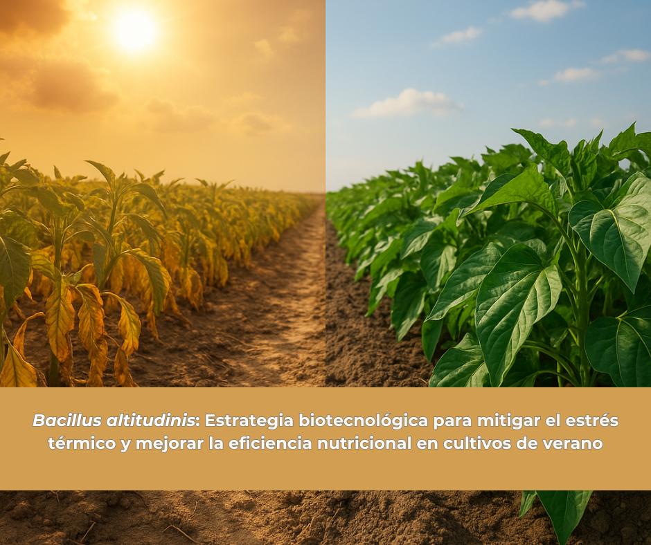Comparativa visual entre un cultivo afectado por el estrés térmico y otro vigoroso gracias a la aplicación de Bacillus altitudinis en condiciones de verano.